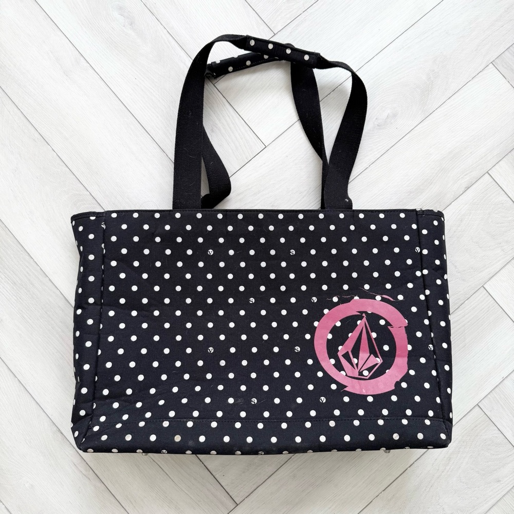 🩷 Volcom Stone Black and White Polka Dot Tote with Pink Accent